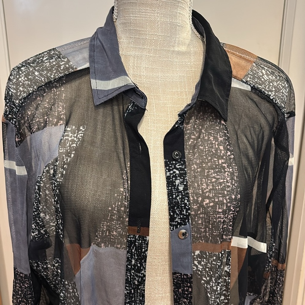 Lynn Ritchie Silver Mesh Sheer Duster Cardigan XL Geometric - Picture 4 of 6